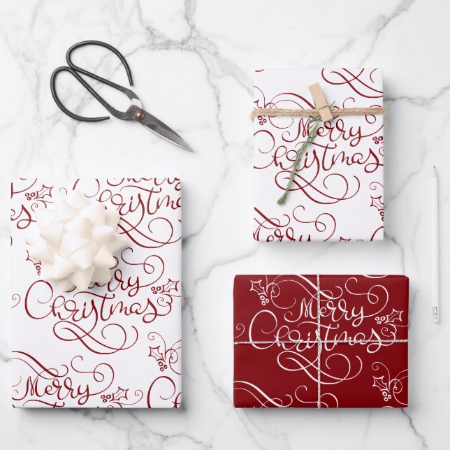 Festive Merry Christmas Fancy Script Red Wrapping Paper Sheets (Front)