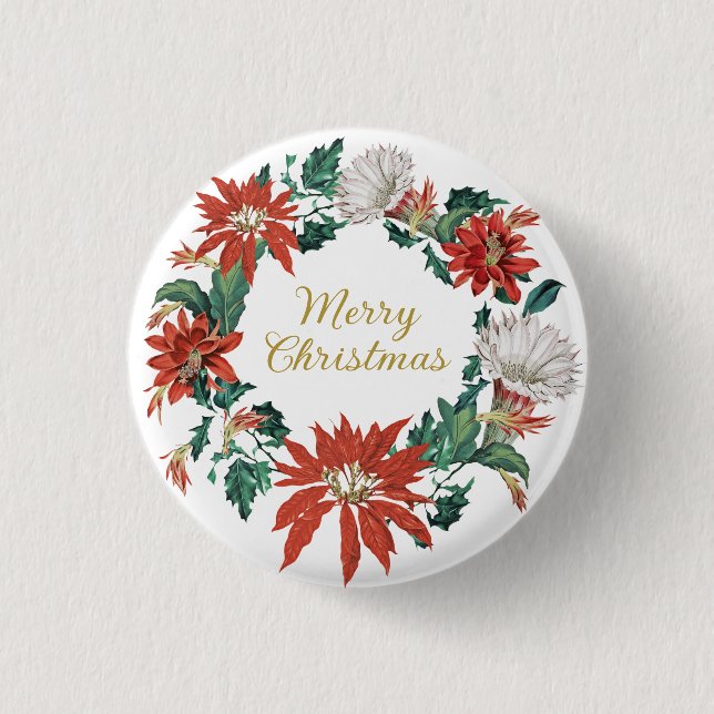 Festive Merry Christmas Floral Poinsettia Wreath Button (Front)