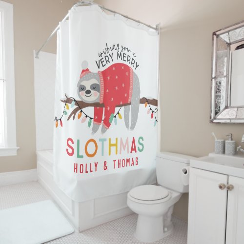 Festive merry christmas fun colorful sloth holiday shower curtain