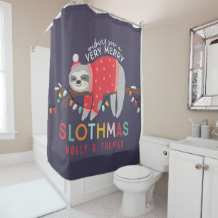 Festive merry christmas fun colorful sloth holiday shower curtain