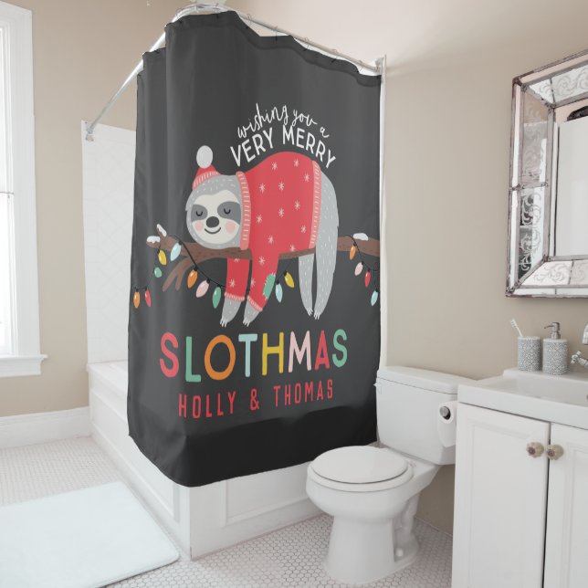 Festive merry christmas fun colorful sloth holiday shower curtain (In Situ)