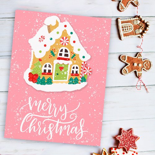 Festive Merry Christmas Gingerbread House Pink  Postcard