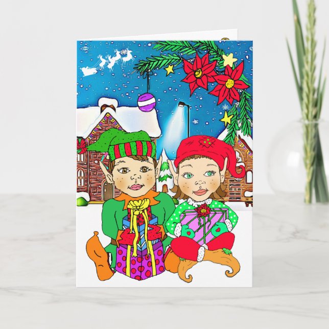 Festive Merry Christmas Girl and Boy Elves Card (Front)