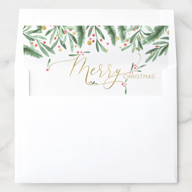 Festive Merry Christmas Gold Typography + Greenery Envelope Liner (In Envelope)