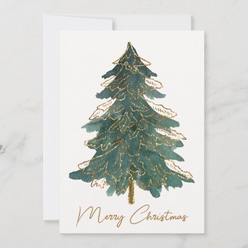Festive Merry Christmas Golden Green Trees Holiday Card