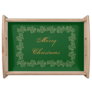 Festive Merry Christmas Green Gold Serving Tray