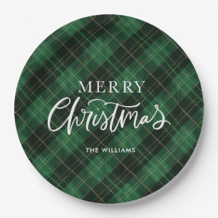 Festive Merry Christmas Green Plaid Paper Plates