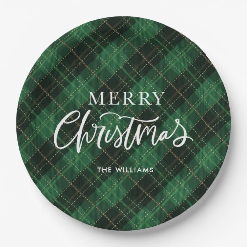 Festive Merry Christmas Green Plaid Paper Plates