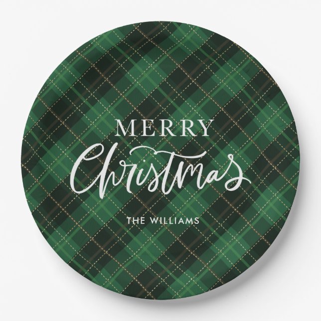 Festive Merry Christmas Green Plaid Paper Plates (Front)