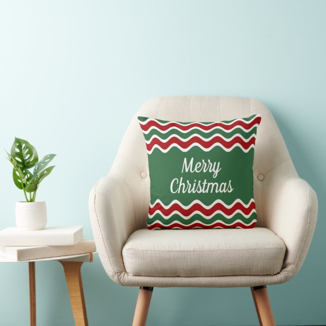 Festive Merry Christmas Green Red Stripes Throw Pillow (Chair)
