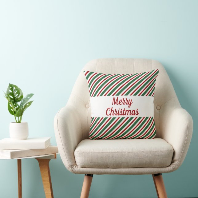 Festive Merry Christmas Green Red Stripes Throw Pillow (Chair)