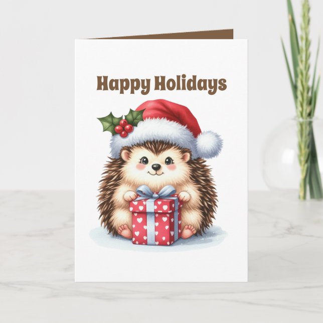 Festive Merry Christmas hedgehog customizable  Holiday Card (Front)