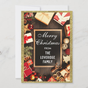 Festive Merry Christmas Holiday Party Gold Glitter Card