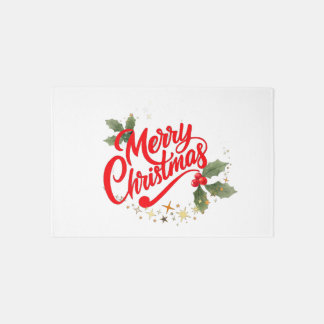 Festive Merry Christmas Holly & Gold Stars Welcome Rug