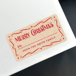 Festive Merry Christmas Kraft look to from gift Label<br><div class="desc">To-from gift tag labels with the text "Merry Christmas" in a festive, red font and space for you to handwrite a name. Below is your family name and everything is surrounded by an ornate border with stars. The background is printed (image) Kraft paper. You can change the border and font...</div>