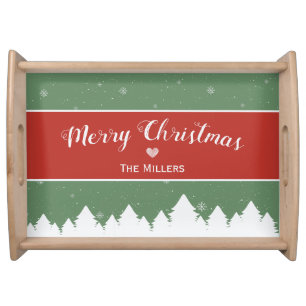 Festive Merry Christmas Last Name Snowflake Serving Tray