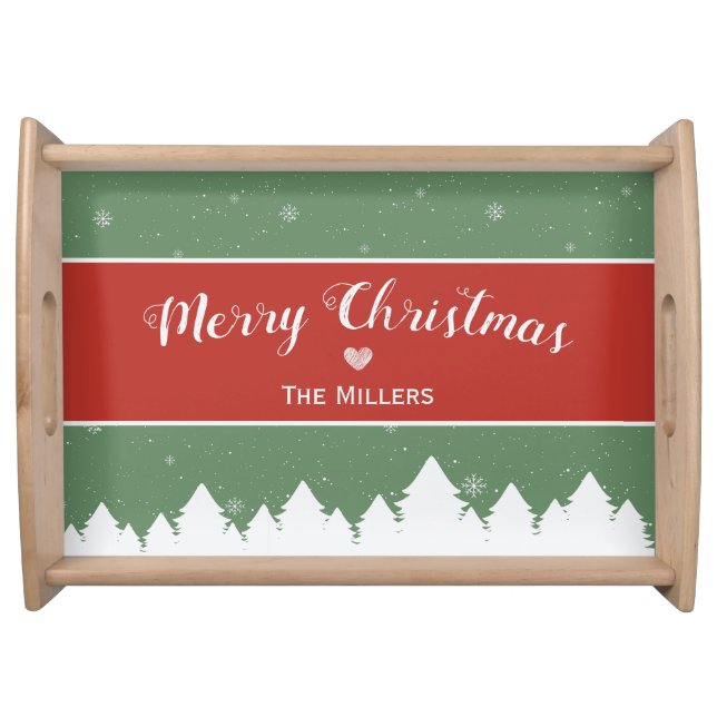 Festive Merry Christmas Last Name Snowflake Serving Tray (Front)