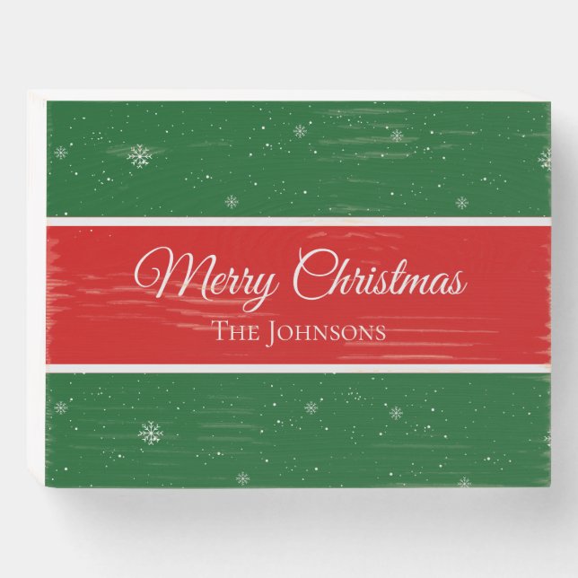 Festive Merry Christmas Last Name Snowflake Wooden Box Sign (Front Horizontal)