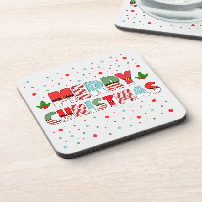 Festive Merry Christmas Letters with Polka Dots Beverage Coaster (Left Side)