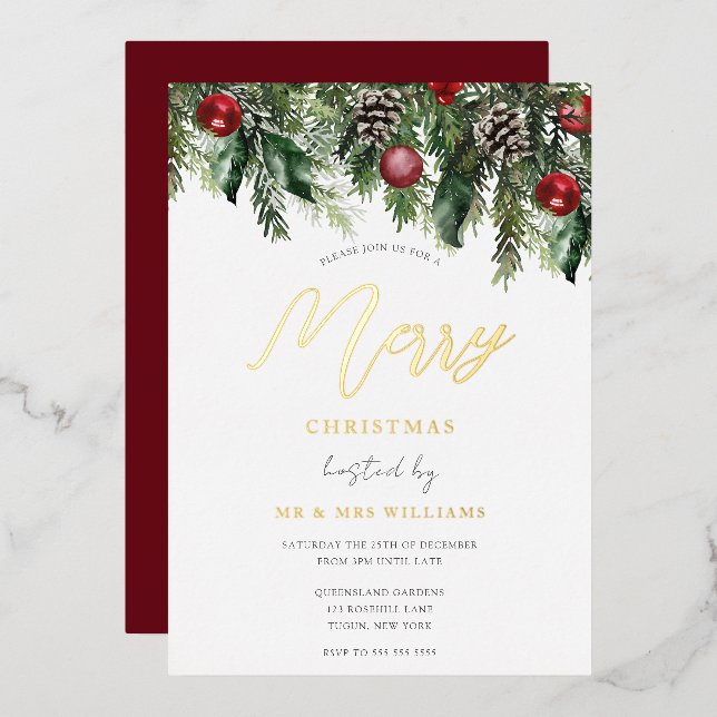Festive Merry Christmas Party Gold Foil Invitation (Front/Back)