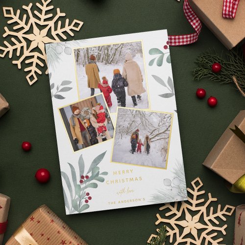 Festive Merry Christmas Photo Collage Foil Holiday Card