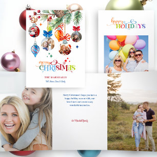 Festive Merry Christmas Pine & Baubles 4 Photo Tri-Fold Card