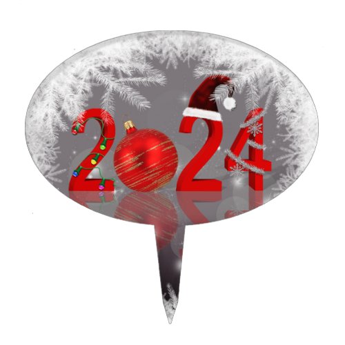 Festive Merry Christmas Red New Year 2024 Cake Topper