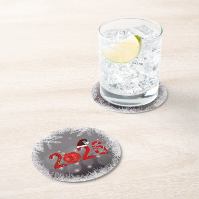 Festive Merry Christmas Red New Year 2026 Round Paper Coaster (Insitu)