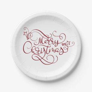 Festive Merry Christmas Red Script Typography Paper Plates