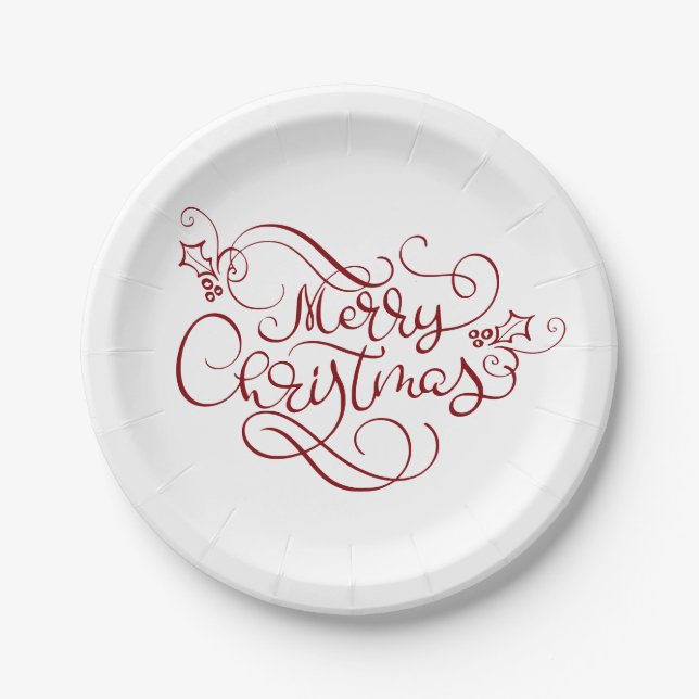 Festive Merry Christmas Red Script Typography Paper Plates (Front)