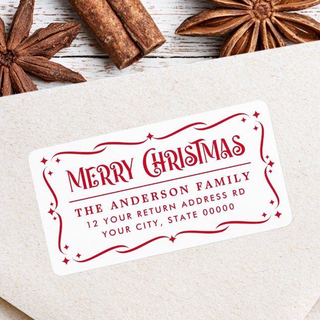 Festive Merry Christmas red white return address Label (Festive Merry Christmas red white return address Label)