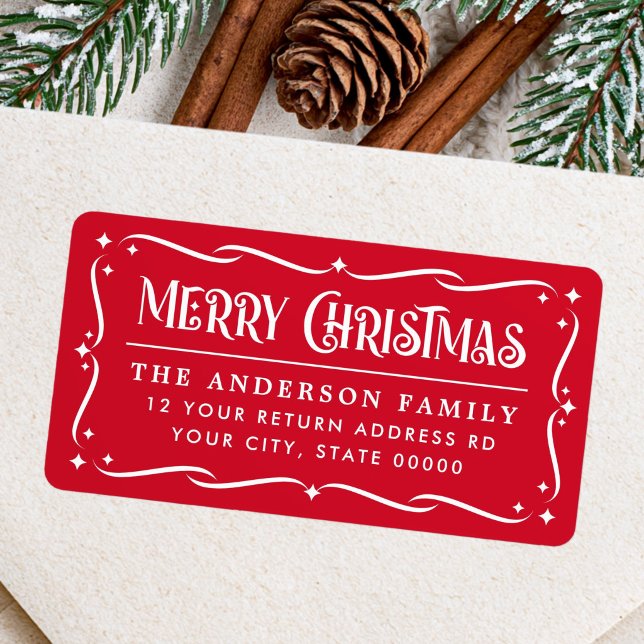 Festive Merry Christmas red white return address Label (Festive Merry Christmas red white return address Label)