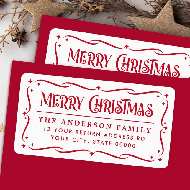Festive Merry Christmas red white return address Label (Festive Merry Christmas red white return address Label)