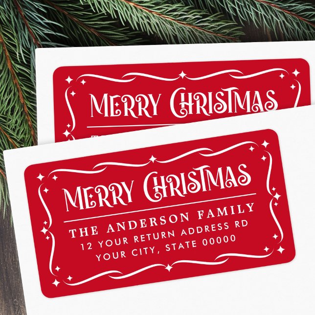 Festive Merry Christmas red white return address Label