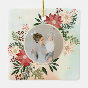 festive merry christmas round photo botanical ceramic ornament