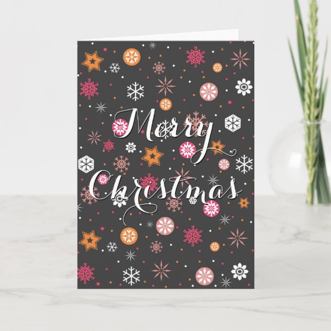 Festive “Merry Christmas” snowflakes glowing stars Holiday Card (Front)