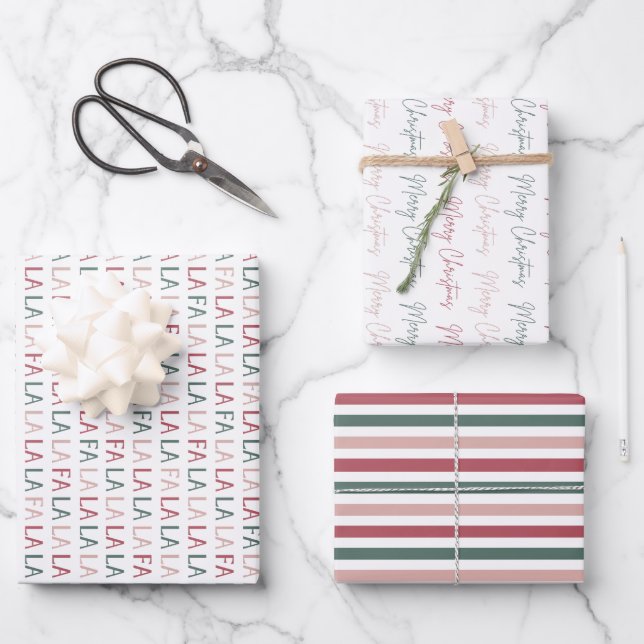 Festive Merry Christmas Striped 3 Wrapping Paper Sheets (Front)