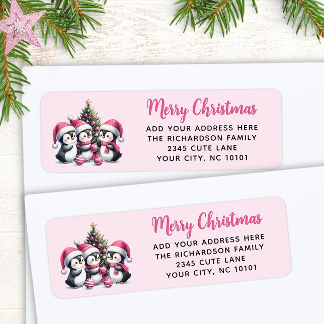 Festive Merry Christmas Three Cute Penguins Pink Label (Creator Uploaded)