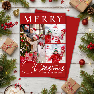 Festive Merry Christmas Three Photo Red And White Holiday Card