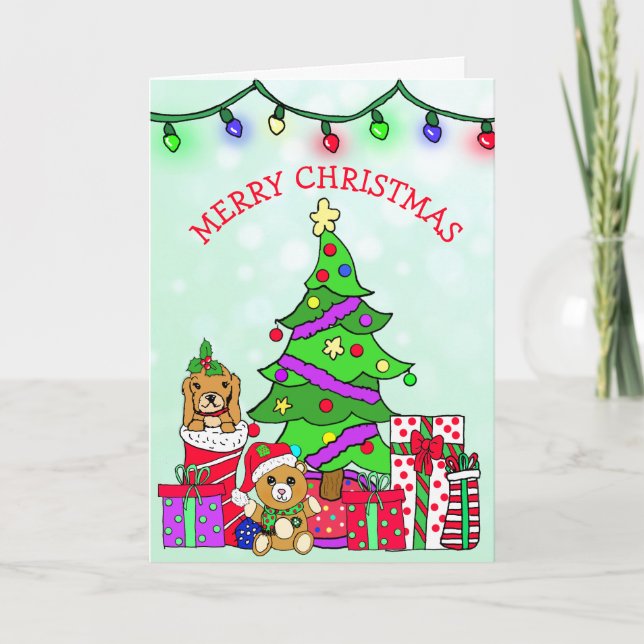 Festive Merry Christmas Tree and Gifts Whimsical Card (Front)