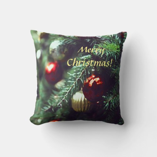 Festive Merry Christmas Tree with Red Ornaments Throw Pillow