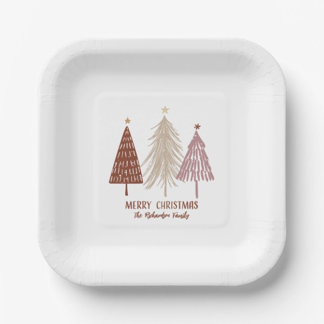 Festive Merry Christmas Trees Holiday Elegant Chic Paper Plates (Front)