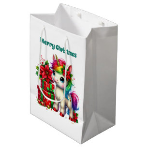 Festive Merry Christmas unicorn girls Medium Gift Bag