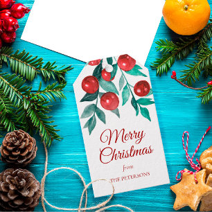 Festive Merry Christmas Watercolor Red Berries Gift Tags