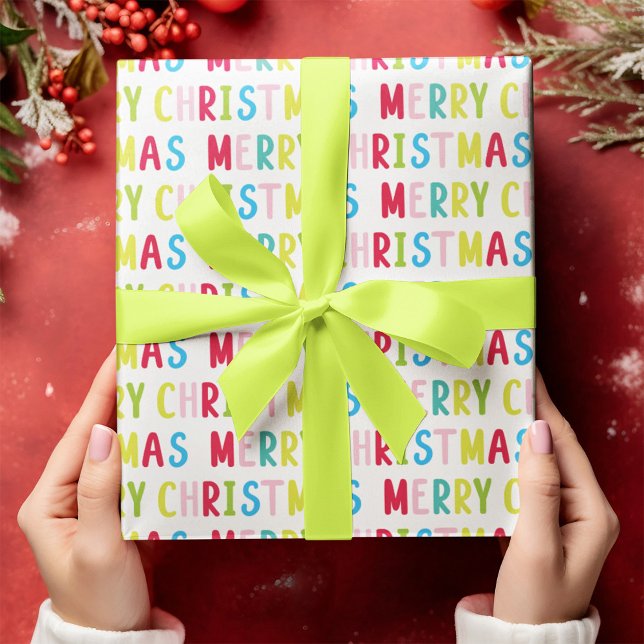 Festive Merry Christmas White Multicolor Text Wrapping Paper (Merry Christmas White Background Wrapping Paper)