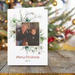 Festive Merry Christmas Winter Greenery Photo Holiday Card<br><div class="desc">Festive greeting holiday card for your mom features a square photo framed with watercolor winter greenery and a message inside the card.</div>