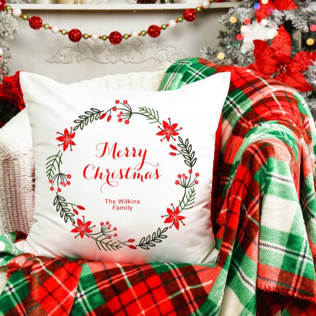 Festive Merry Christmas Wreath Family Design Throw Pillow (Creator Uploaded)