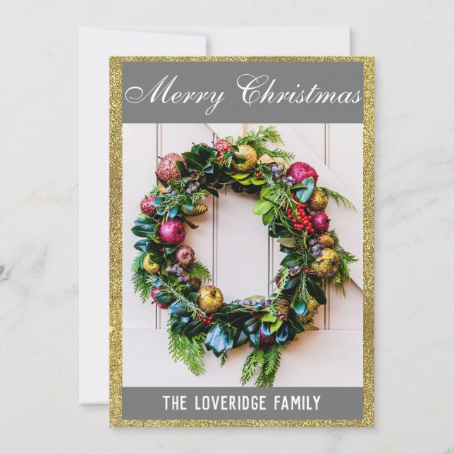 Festive Merry Christmas Wreath Gray & Gold Glitter Holiday Card (Front)