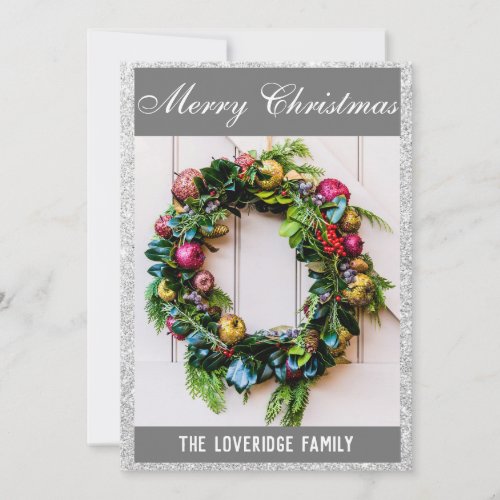 Festive Merry Christmas Wreath Gray Silver Glitter Holiday Card