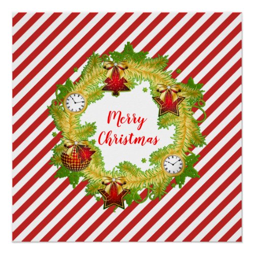 Festive Merry Christmas Wreath Red Stripes Poster